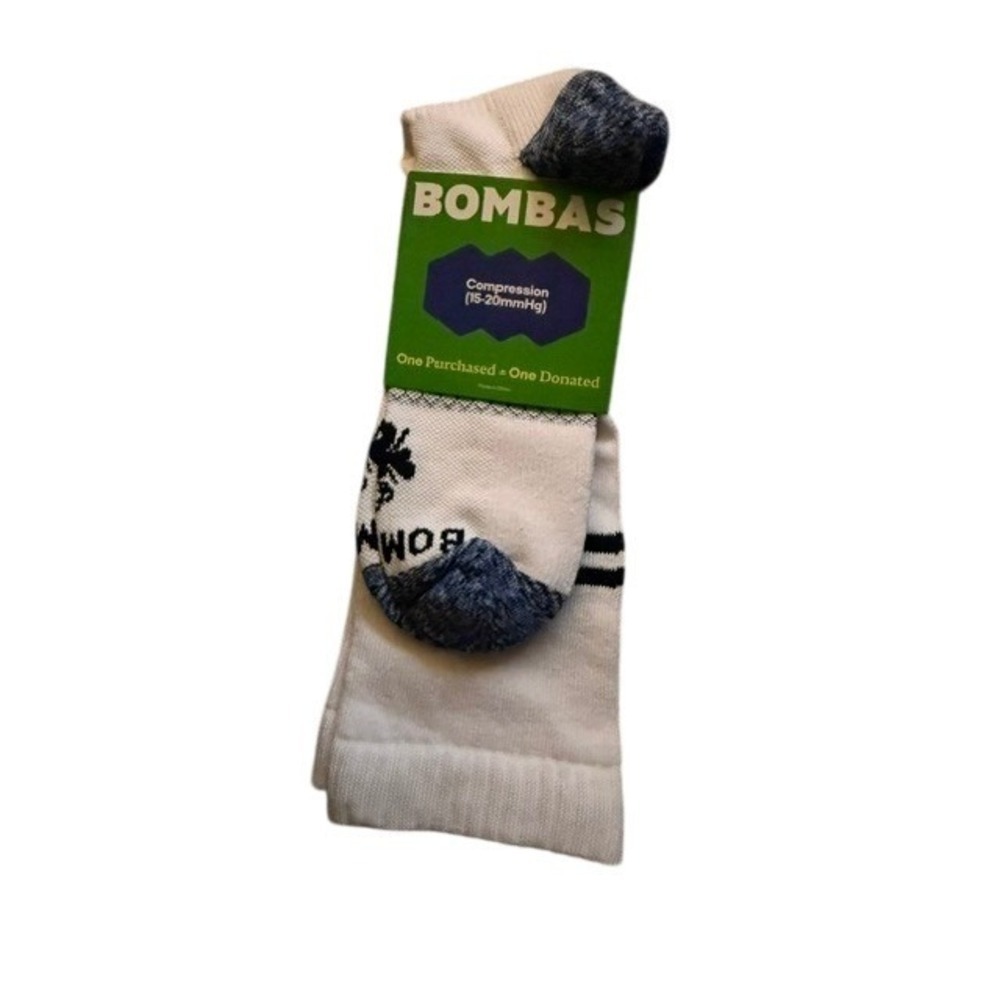 Bombas Over the Calf Compression Socks White Navy Blue Stripe Midweight Large